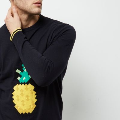 Navy blue pineapple print slim fit jumper